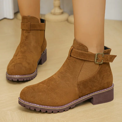 Women's Casual Ankle Boots with Buckle Strap and Round Toe