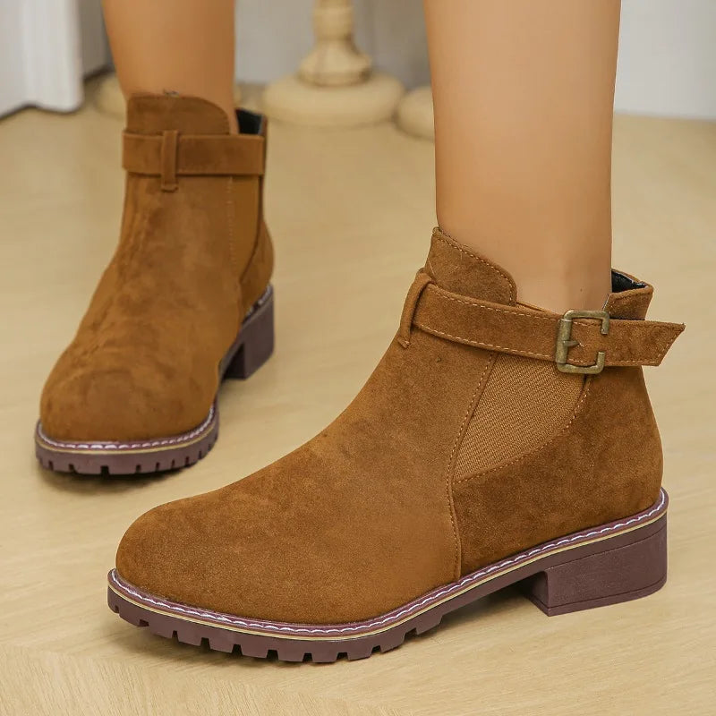Women's Bottines Décontractées avec Boucle Ceinture et Bout Rond