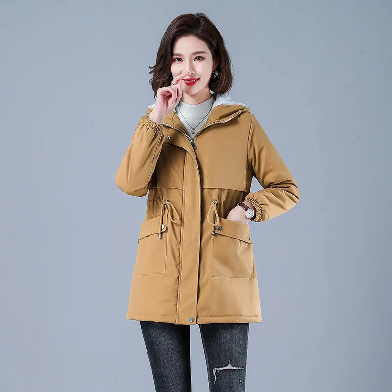 Women's Fluffy Quilted Hooded Mid-Length Jacket