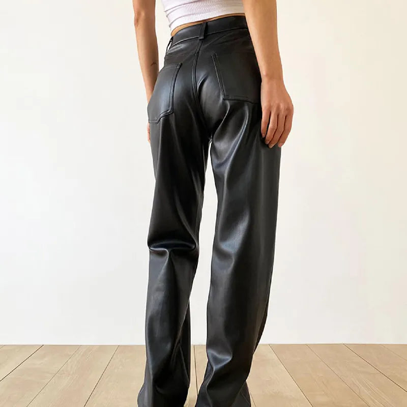 Pantalon large taille haute en simili cuir style moderne