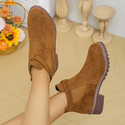 Women's Casual Ankle Boots with Buckle Strap and Round Toe