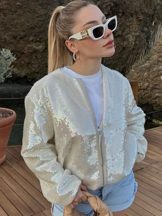 Women's Relaxed Fit Sequin Bomber Jacket with Zip Closure