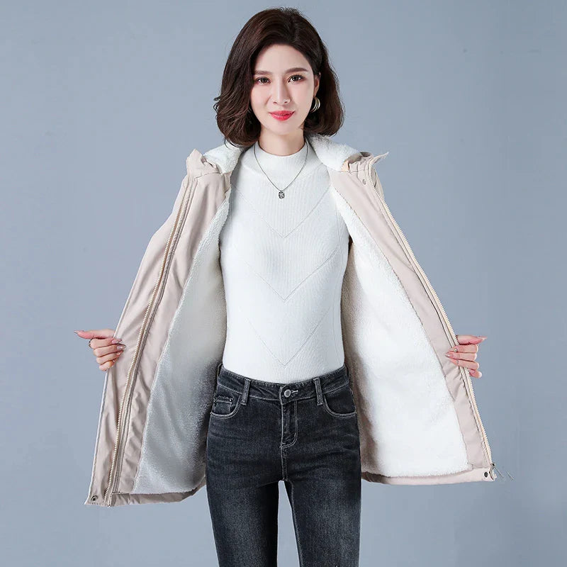 Women's Fluffy Quilted Hooded Mid-Length Jacket