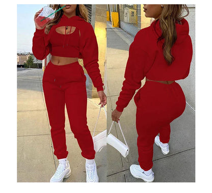 Women's Three-Piece Fleece Jogging Set - Pants, Sweatshirt and Crop Top