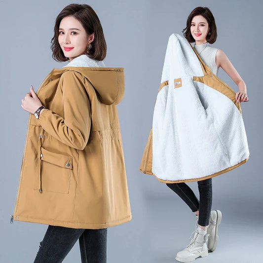 Women's Fluffy Quilted Hooded Mid-Length Jacket