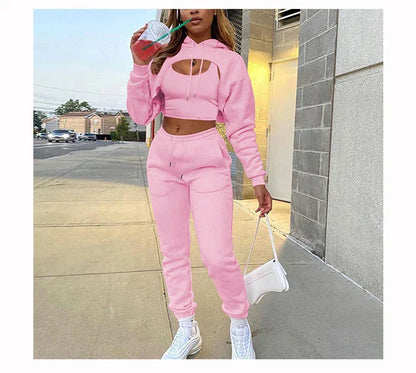 Women's Three-Piece Fleece Jogging Set - Pants, Sweatshirt and Crop Top