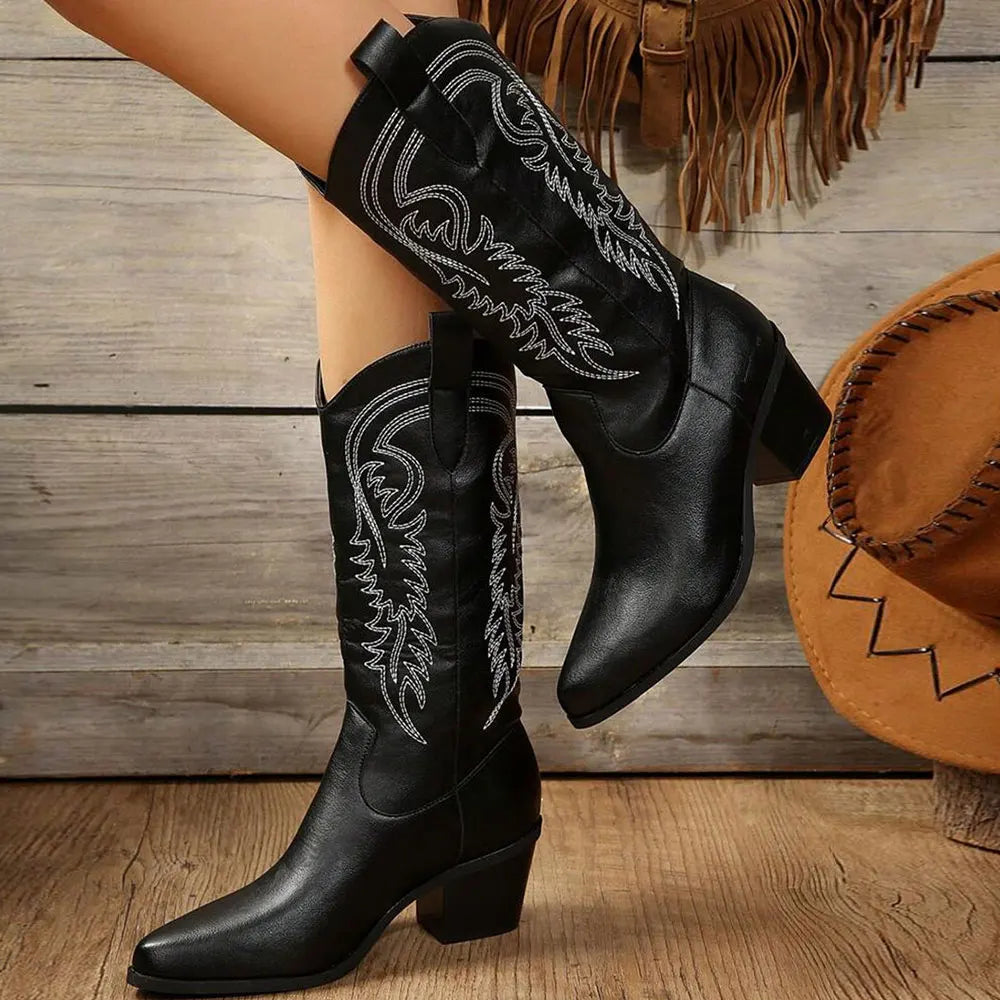 Women's Bottes Vintage à Talons Carrés et Bout Pointu