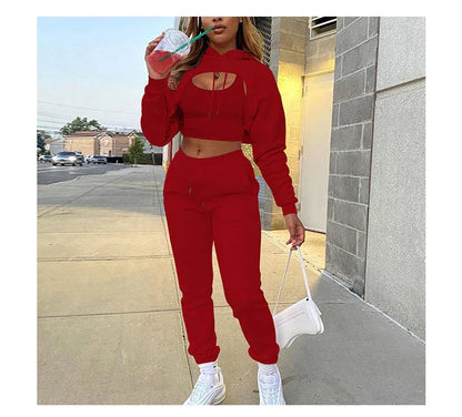 Women's Three-Piece Fleece Jogging Set - Pants, Sweatshirt and Crop Top