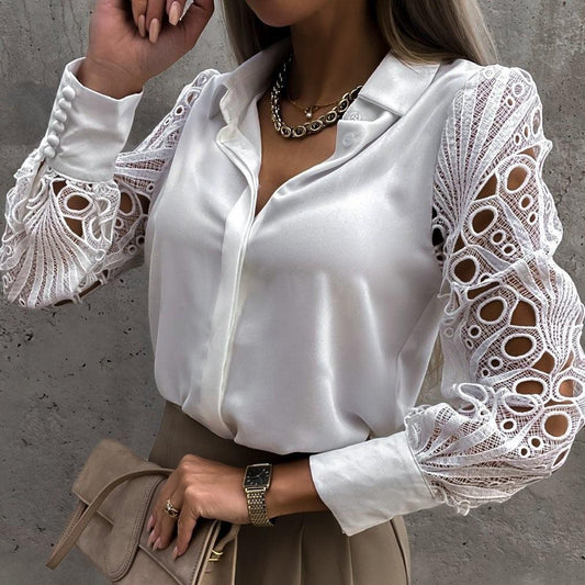 Blouse Femme Élégante – Manches Longues en Dentelle et Finition Satinée
