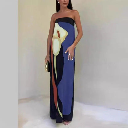 Robe Longue Sans Bretelles en Tissu Léger à Imprimé Abstrait