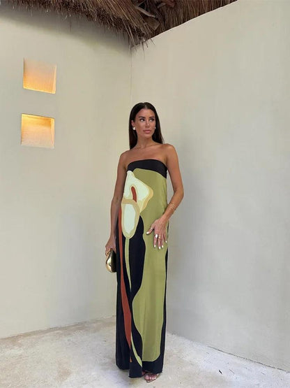 Robe Longue Sans Bretelles en Tissu Léger à Imprimé Abstrait
