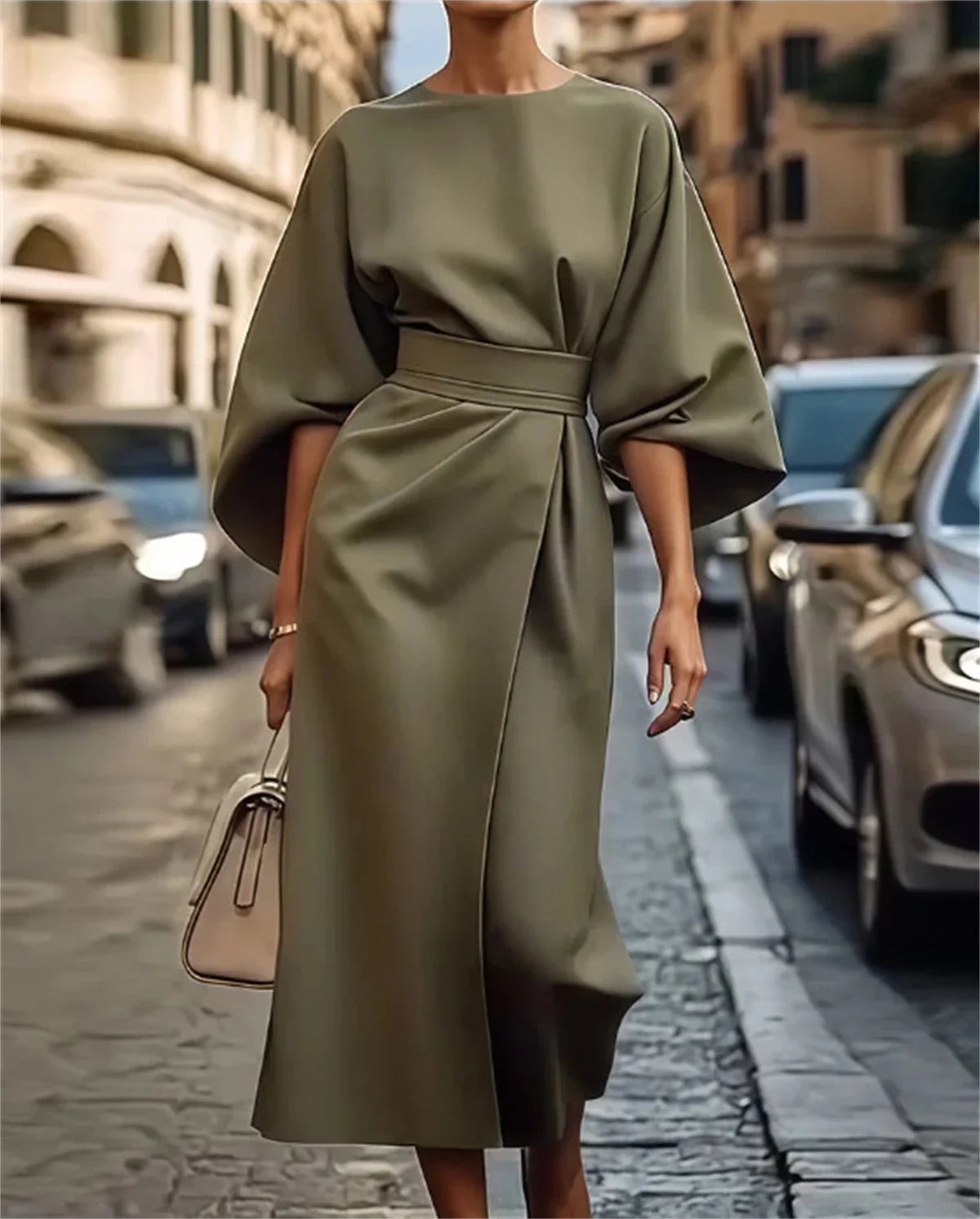 Isabelle Robe Midi Structurée à Taille Ceinturée et Manches Évasées