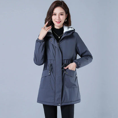 Women's Fluffy Quilted Hooded Mid-Length Jacket
