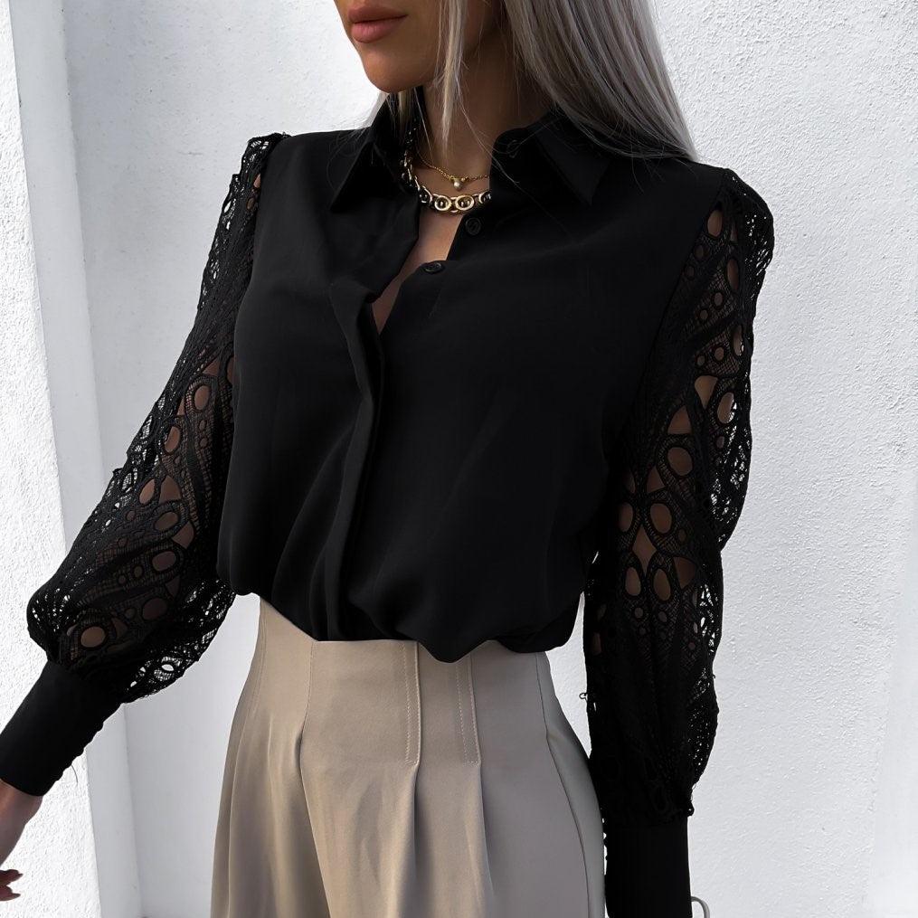 Blouse Femme Élégante – Manches Longues en Dentelle et Finition Satinée