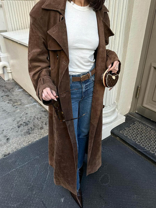 Trench Long Classique pour Femmes à Double Boutonnage et Ceinture Ajustable