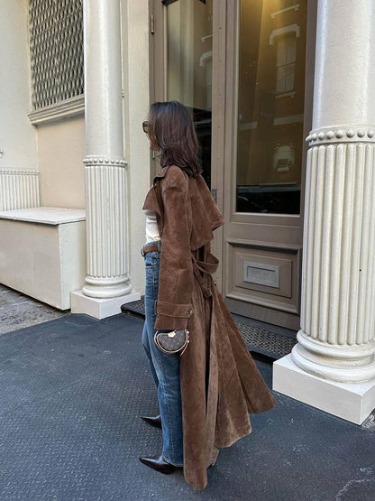 Trench Long Classique pour Femmes à Double Boutonnage et Ceinture Ajustable
