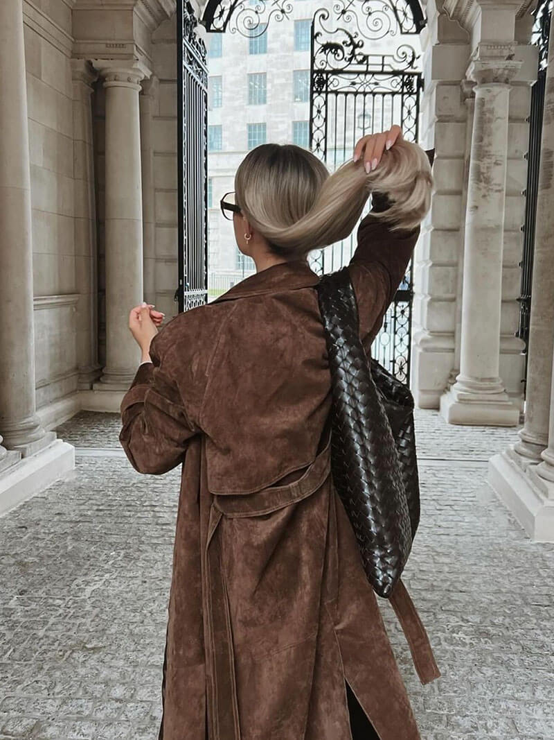 Trench Long Classique pour Femmes à Double Boutonnage et Ceinture Ajustable