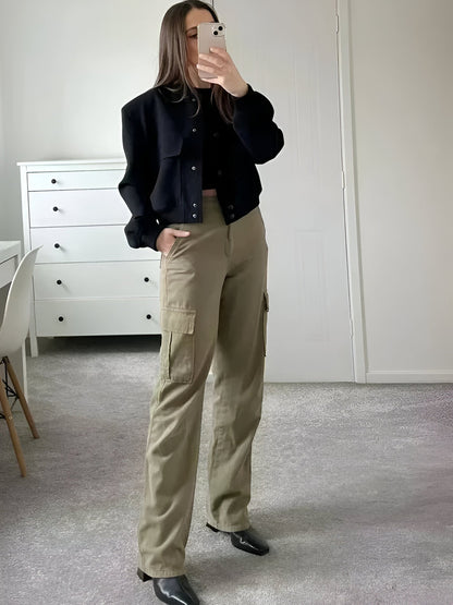 Women's Ribbed Collar Button-Down Cropped Varsity Jacket