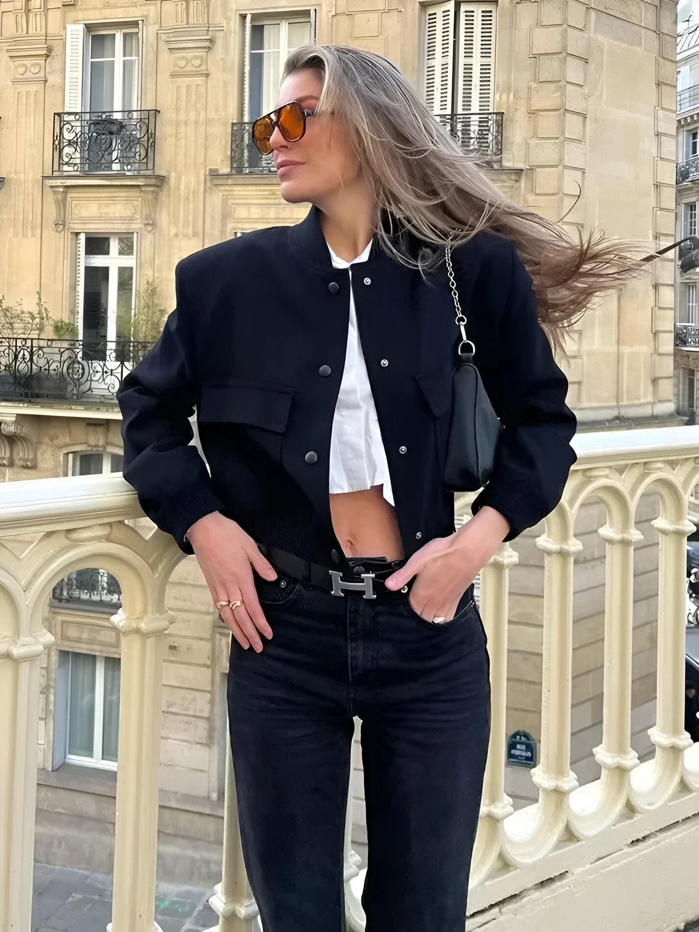 Women's Ribbed Collar Button-Down Cropped Varsity Jacket