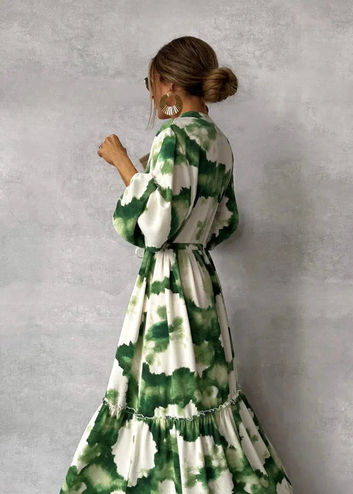 Robe Longue Femme Élégante à Manches Longues et Décolleté en V