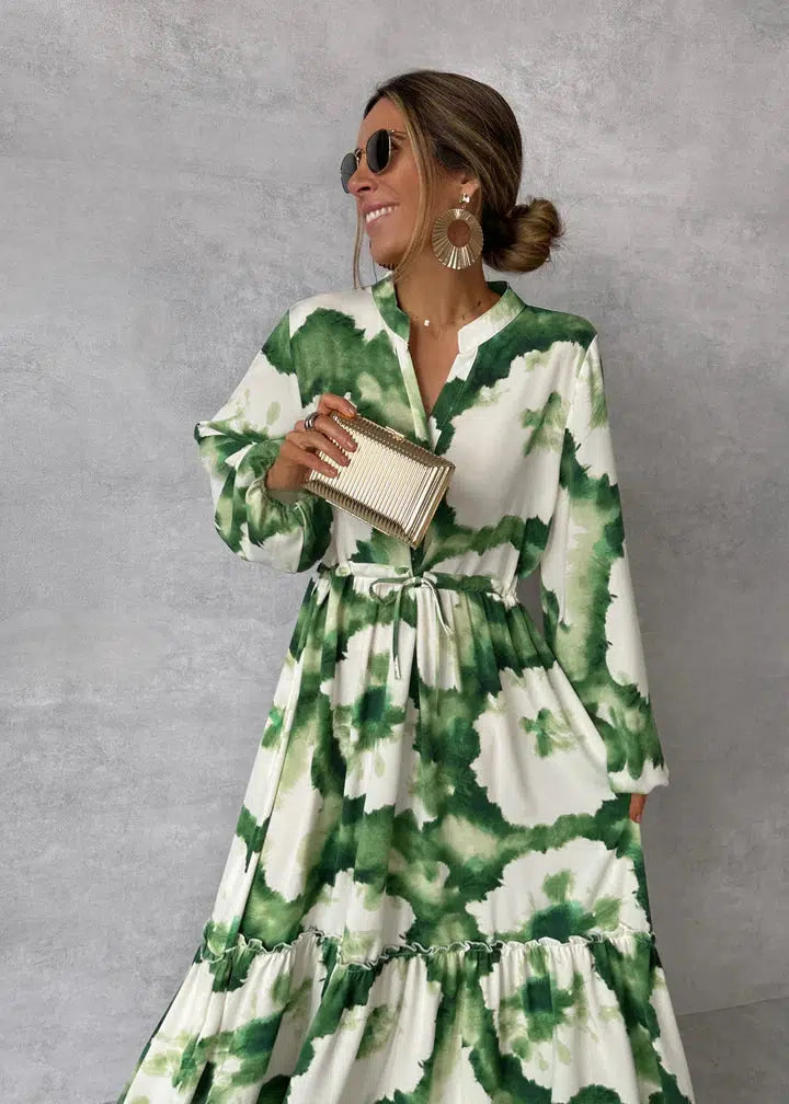 Robe Longue Femme Élégante à Manches Longues et Décolleté en V