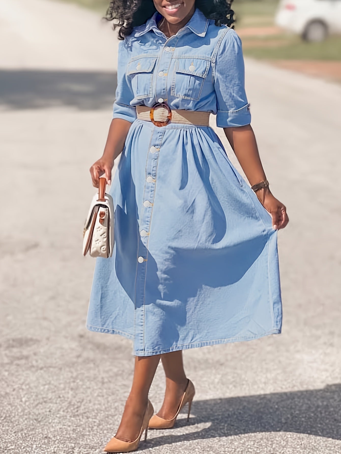Robe Chemise Midi en Jean avec Ceinture et Manches Revers pour Femme