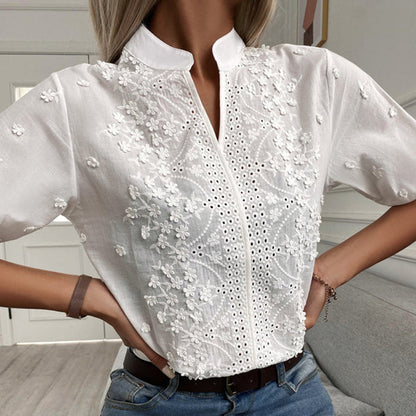Blouse Femme en Coton Brodé – Col Mandarin et Manches Mi-Longues