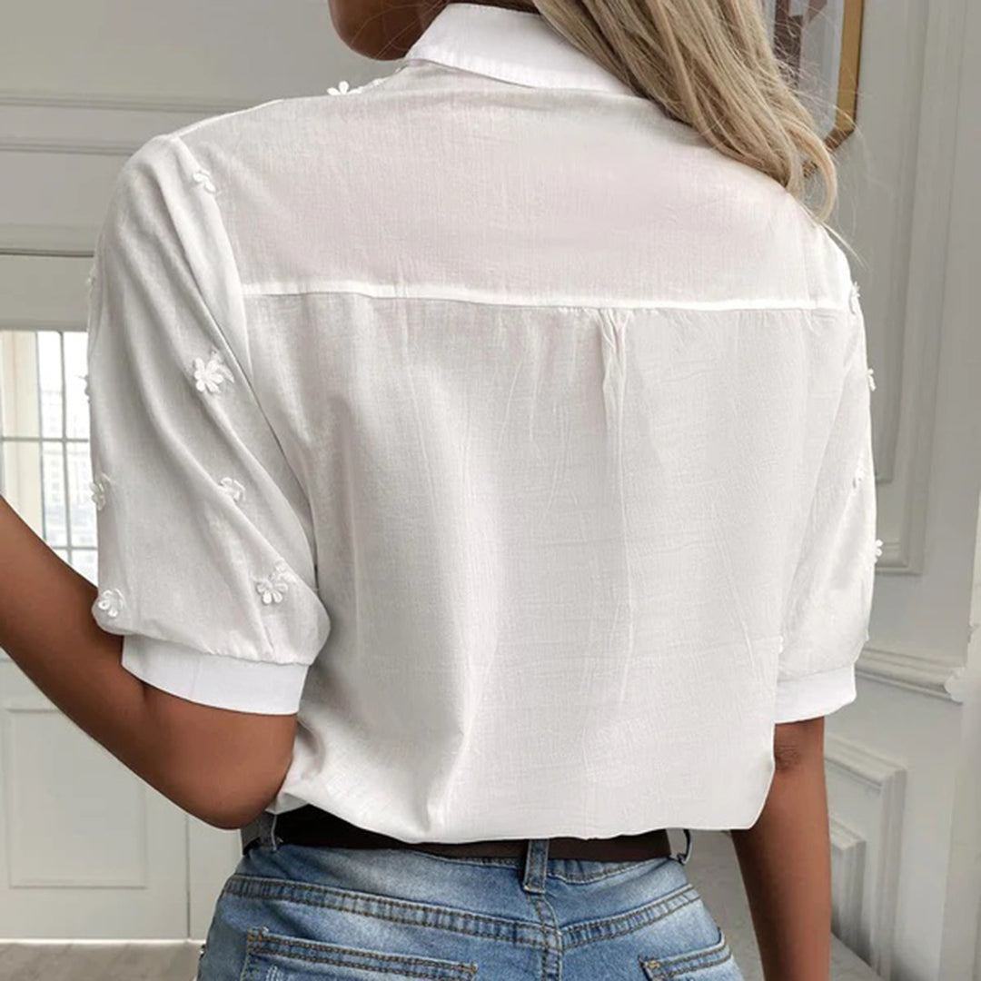 Blouse Femme en Coton Brodé – Col Mandarin et Manches Mi-Longues
