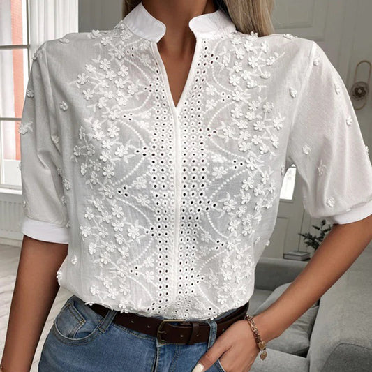 Blouse Femme en Coton Brodé – Col Mandarin et Manches Mi-Longues
