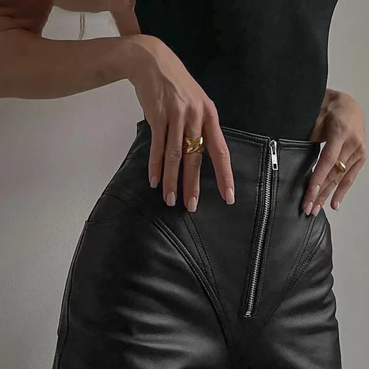 Pantalon Femme Effet Cuir Taille Haute Coupe Ajustée avec Fermeture Zippée