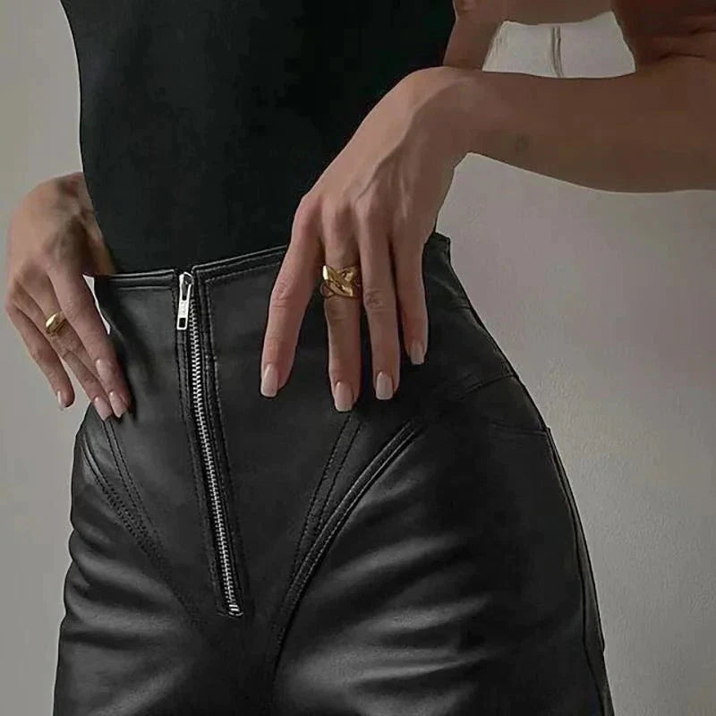 Pantalon Femme Effet Cuir Taille Haute Coupe Ajustée avec Fermeture Zippée