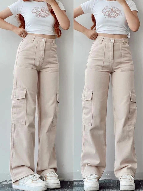 Pantalon Cargo Femme Taille Haute Vintage à Jambes Droites