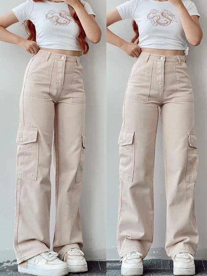 Pantalon Cargo Femme Taille Haute Vintage à Jambes Droites