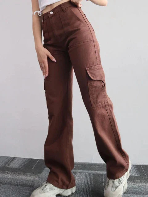 Pantalon Cargo Femme Taille Haute Vintage à Jambes Droites