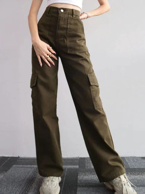 Pantalon Cargo Femme Taille Haute Vintage à Jambes Droites