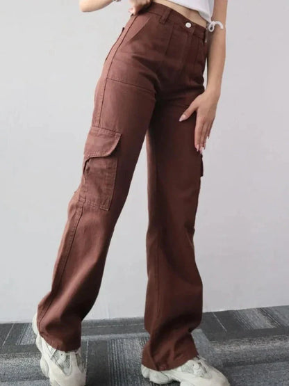 Pantalon Cargo Femme Taille Haute Vintage à Jambes Droites