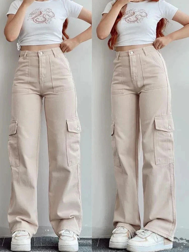Pantalon Cargo Femme Taille Haute Vintage à Jambes Droites