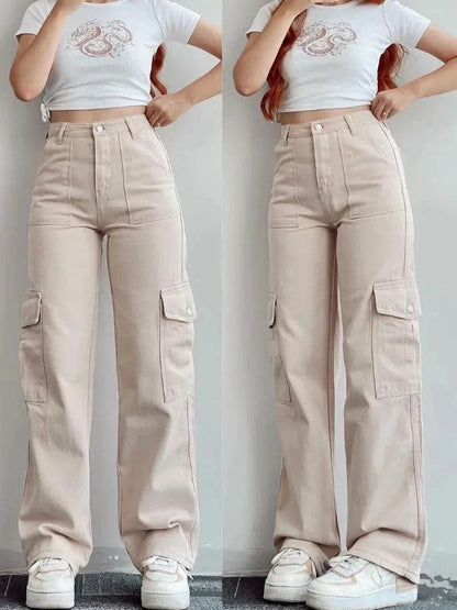 Pantalon Cargo Femme Taille Haute Vintage à Jambes Droites