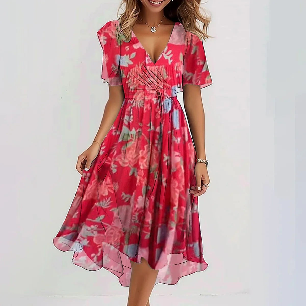 Robe Portefeuille Mi-Longue à Col V pour Femme – Manches Volantes Courtes – Taille Cintrée – Coupe Évasée