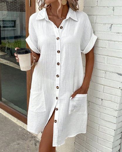Robe-Chemise Décontractée Pour Femme-Boutonnée, Manches Courtes Repliées, Coupe Légère et rigelig
