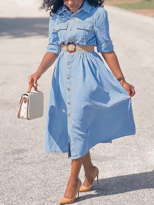Robe Chemise Midi en Jean avec Ceinture et Manches Revers pour Femme