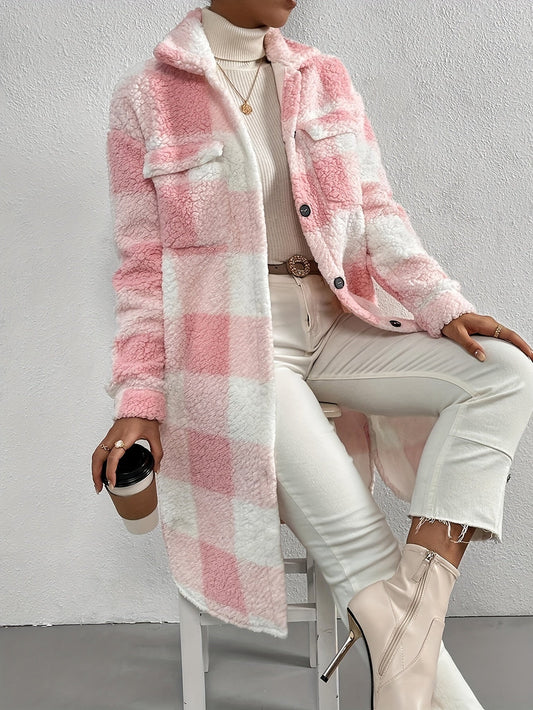 Manteau à Carreaux pour Femmes à Manches Longues et Coupe Ample