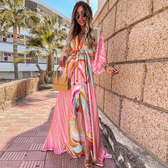 Robe Longue à Imprimé Abstrait avec ceinture, Col en v et Boutons Pour Femme