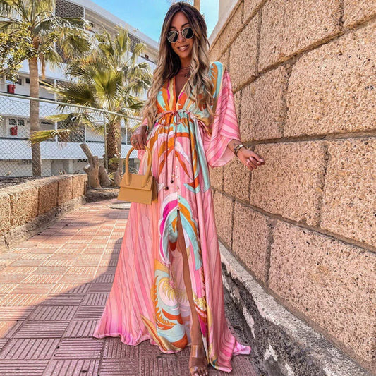 Robe longue à imprimé abstrait avec ceinture, col en V et boutons pour femme
