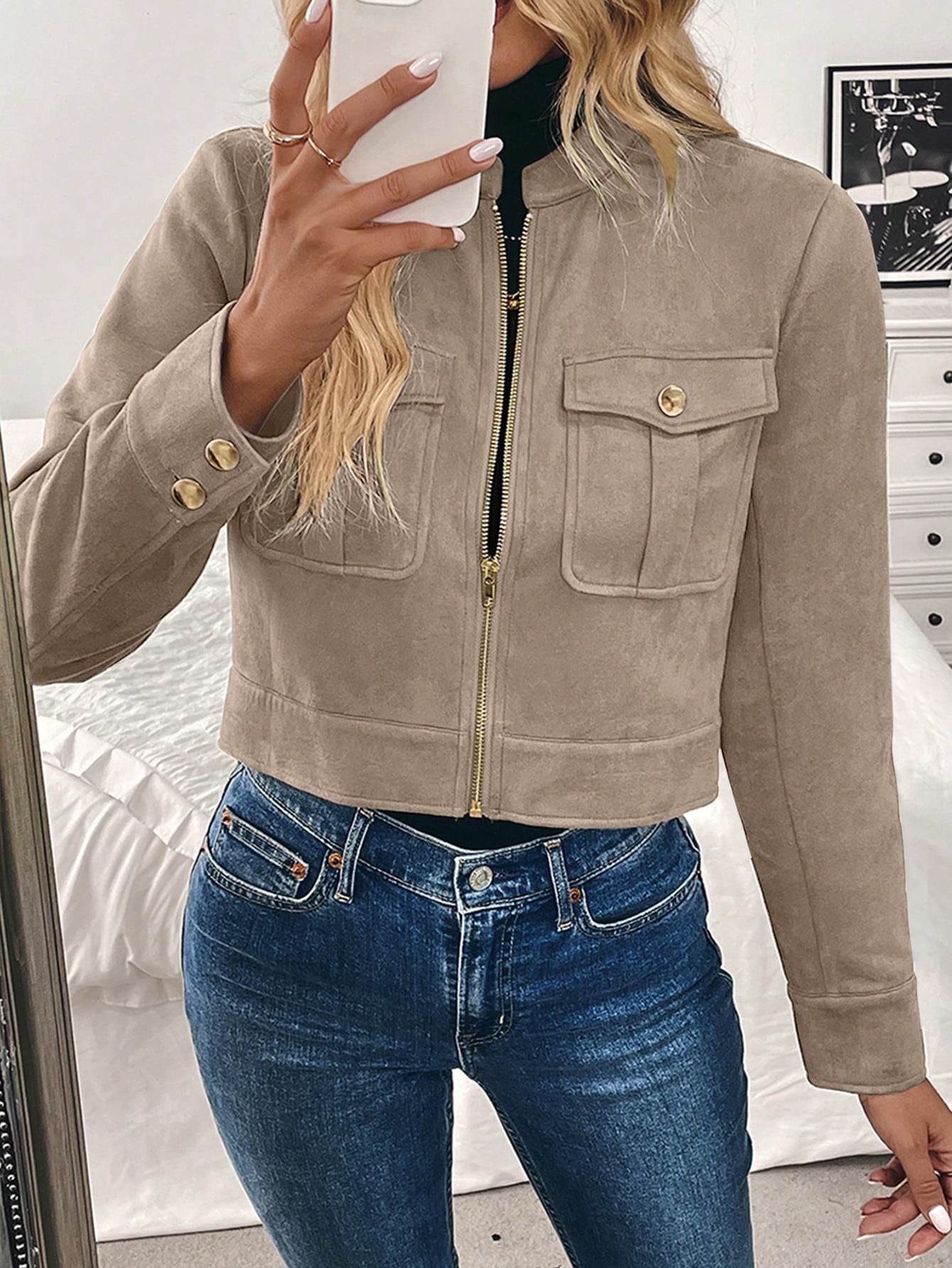 Women’s Black Military-Style Jacket – Short Zip Front Coat