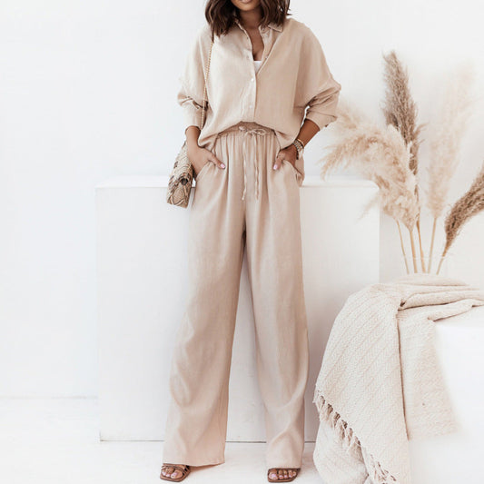 Women's Casual Chic Set - Loose Shirt & Wide Leg Pants - Elegant Casual Style