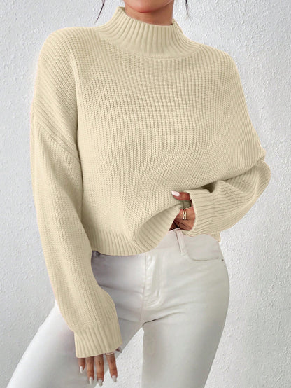 Women’s Ribbed Knit Sweater Cozy Casual Pullover with Long Sleeves & High Neck