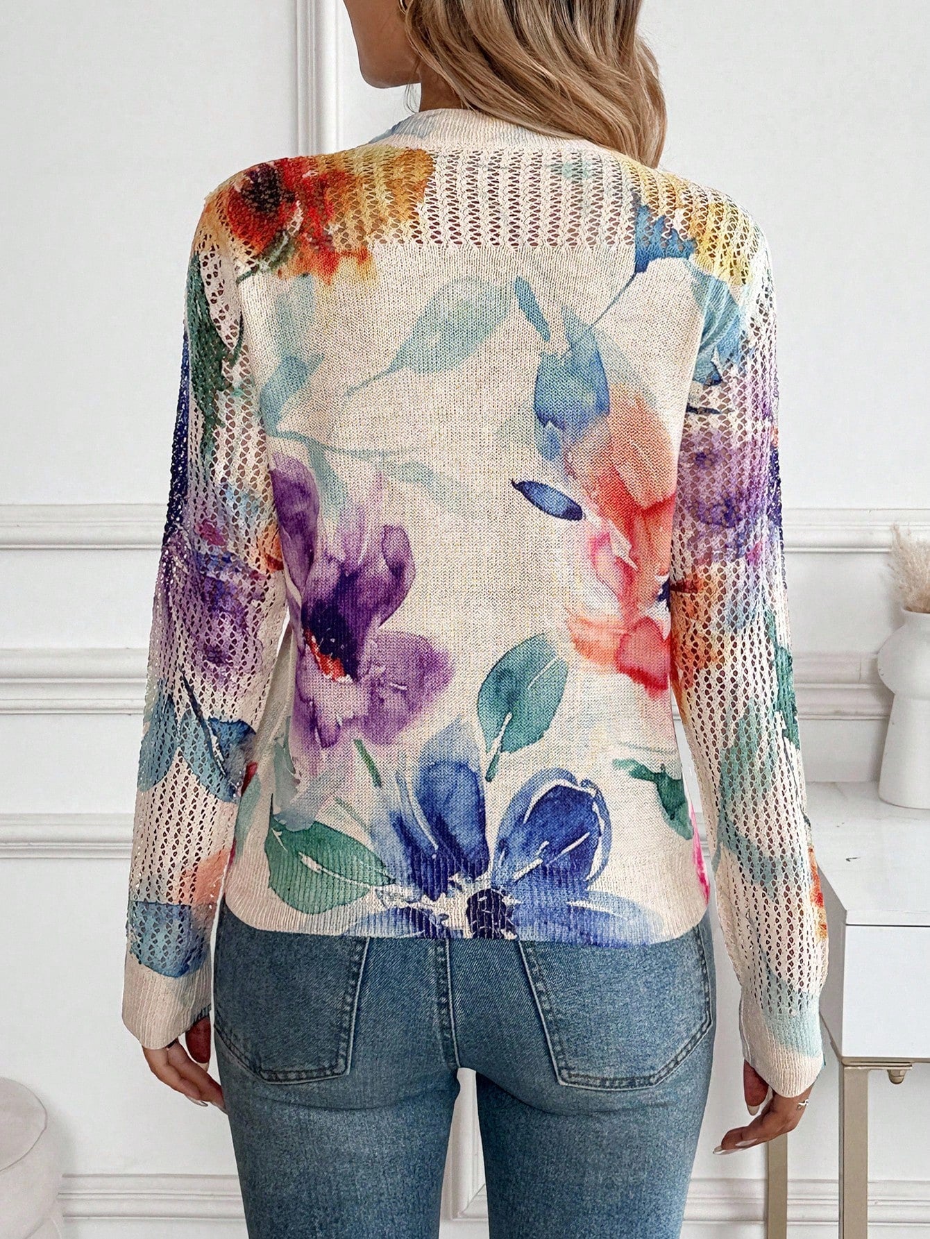 Women’s Vintage Floral Knit Sweater – Artistic Tie-Dye Print Lightweight Pullover Top