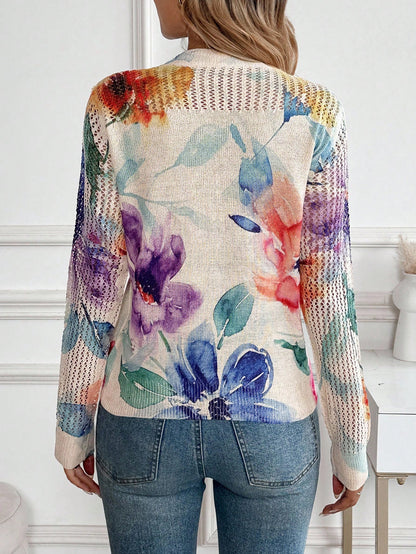 Women’s Vintage Floral Knit Sweater – Artistic Tie-Dye Print Lightweight Pullover Top