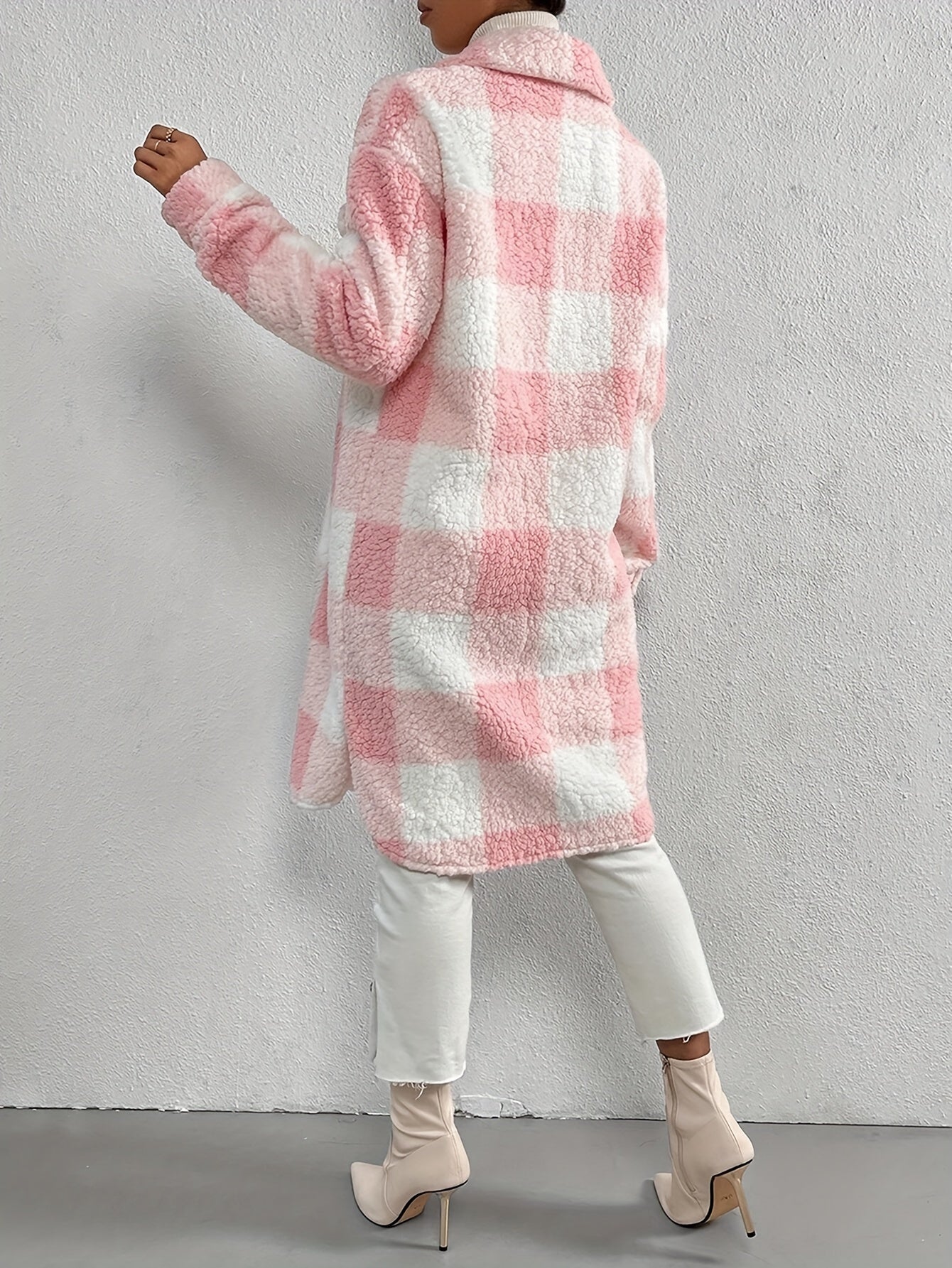 Manteau à Carreaux pour Femmes à Manches Longues et Coupe Ample
